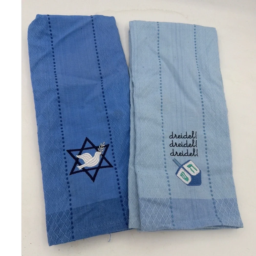 DII Hanukkah Embroidered Kitchen Towels Set of 2 Blue Star of David Dreidel